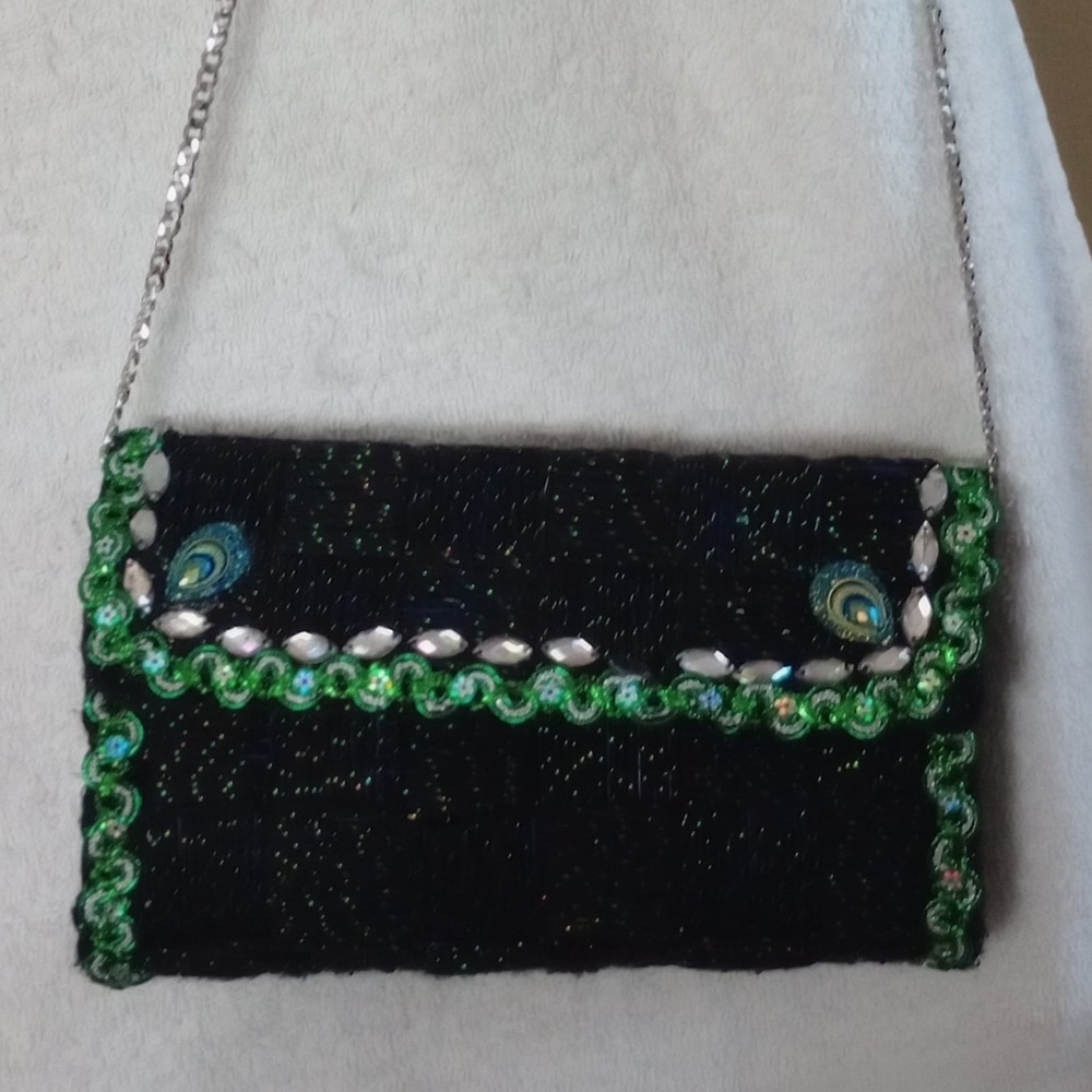 OOAK Handmade Black Woven Crossbody, Green Sequins